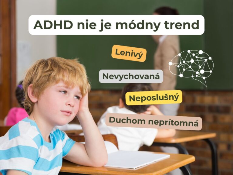 Dieťa so zasneným pohľadom sedí v triede. V pozadí učiteľ. DIeťa nevníma. Popisky ADHD, označenia ako lenivé, neposlučné, nevychované dieťa