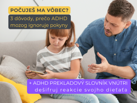 Otec sedací na gauči so svojou dcérou, ktorá sa hrá na mobile. Dcéra ho ignoruje. Otec je frustrovaný.