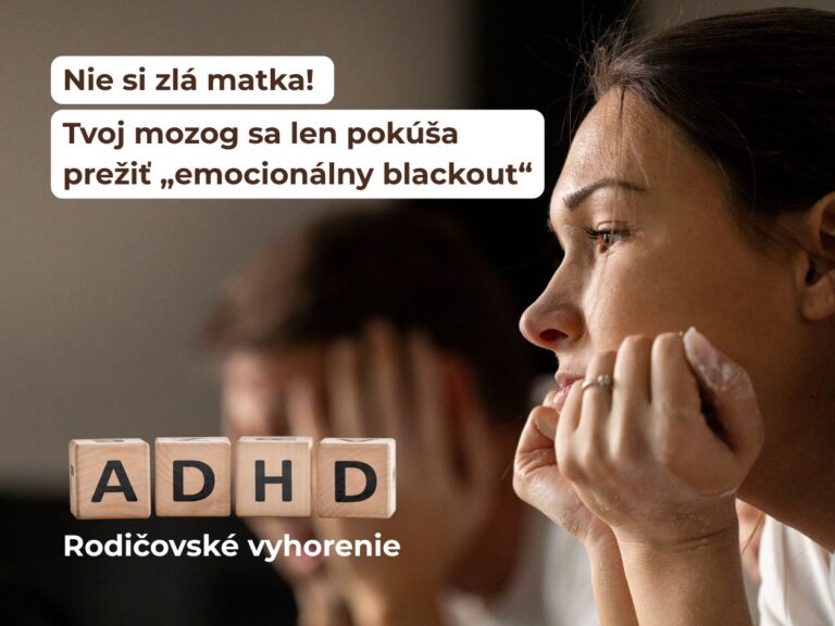 Vyčerpaná matka dieťaťa s ADHD znázorňujúca rodičovské vyhorenie a emócie viny.