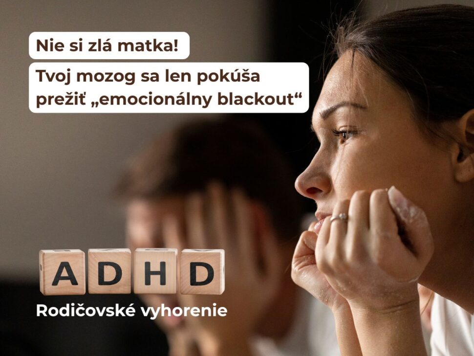 Vyčerpaná matka dieťaťa s ADHD znázorňujúca rodičovské vyhorenie a emócie viny.