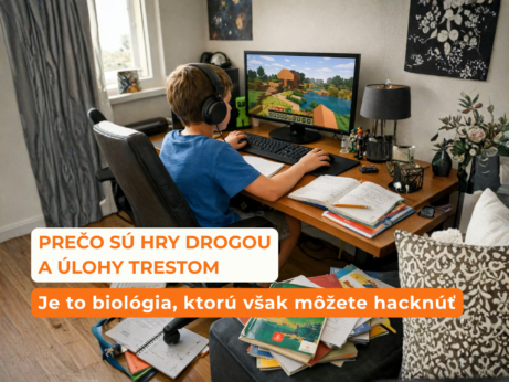 Chlapec sedací pri stole sa hrá hru na počítači, je úplne zaujatý. Okolo neho sú rozhádzané učebnice a zošity