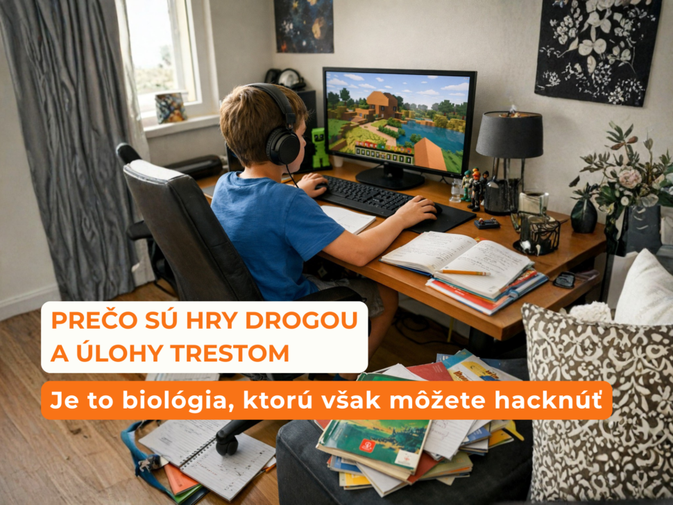 Chlapec sedací pri stole sa hrá hru na počítači, je úplne zaujatý. Okolo neho sú rozhádzané učebnice a zošity